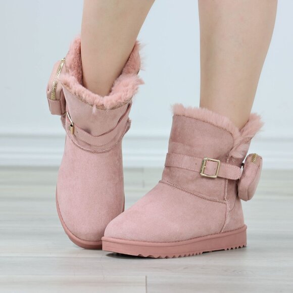 Womens Warm Fuzzy Ankle Booties Super Cozy Fully Lined Faux Pink Suede Pocket - Picture 10 of 14